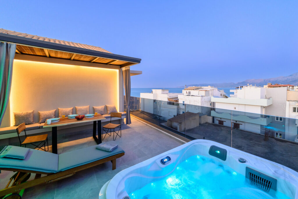 Rooftop spa bath with sea view at Eleana Beach Suites in Hersonissos, Crete